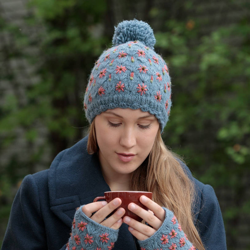 Lost Horizons Canada - Anaya Beanie Hat – Wool Knit with Floral Embroidery