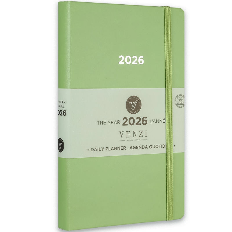 2026 Venzi Daily Planner – Green Vegan Leather with Elastic