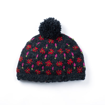 Lost Horizons Canada - Anaya Beanie Hat – Wool Knit with Floral Embroidery