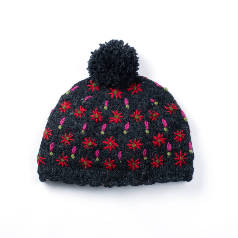 Lost Horizons Canada - Anaya Beanie Hat – Wool Knit with Floral Embroidery