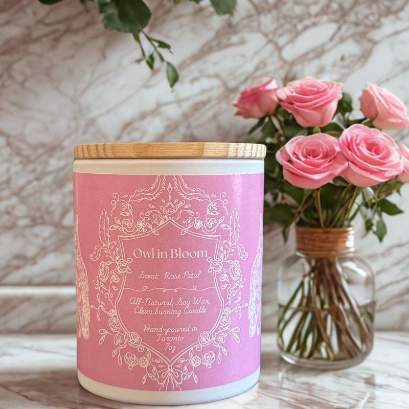 "Owl In Bloom" - Rose Petal 100% Soy Wax Candle - Made in Toronto