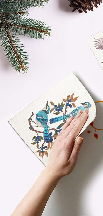 Blue Jays & Berries Swedish Dishcloth