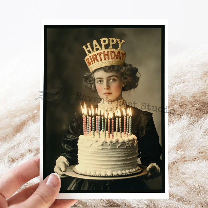 Vintage Style Birthday Cake and Party Hat.