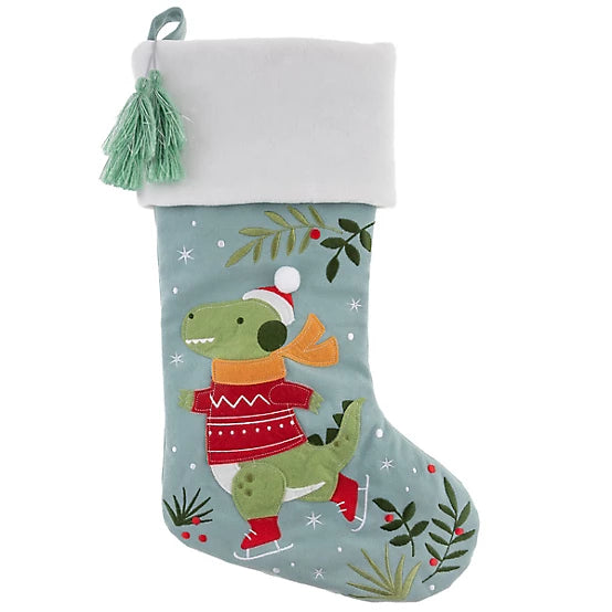 Dino Holiday Embroidered Stocking