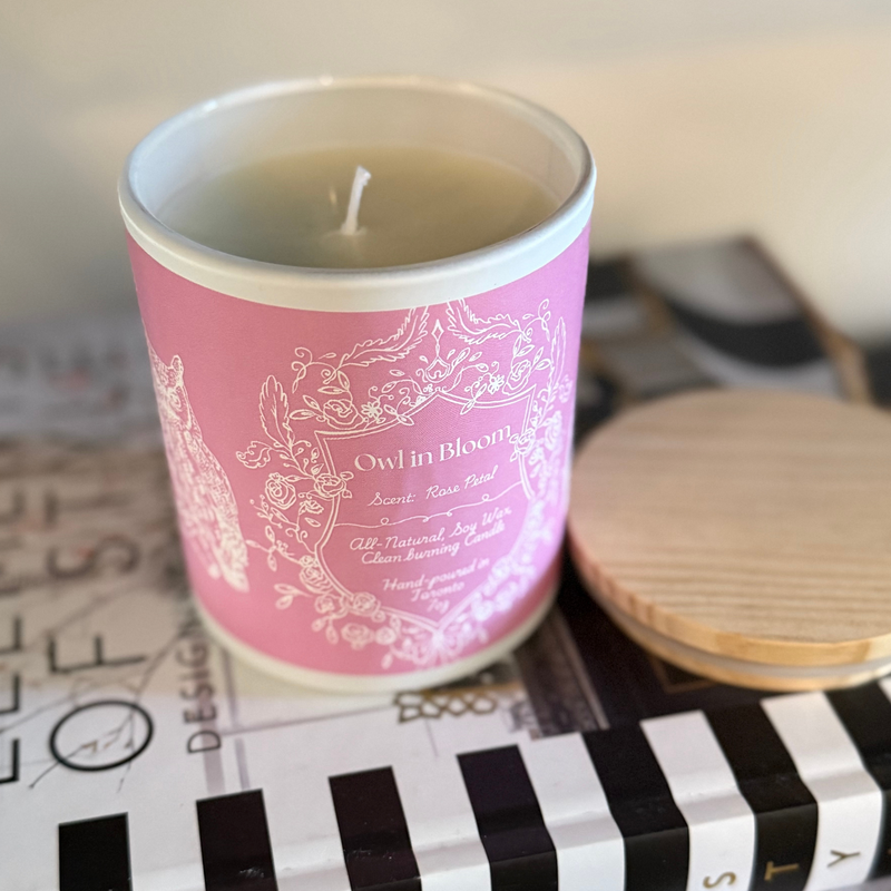 "Owl In Bloom" - Rose Petal 100% Soy Wax Candle - Made in Toronto