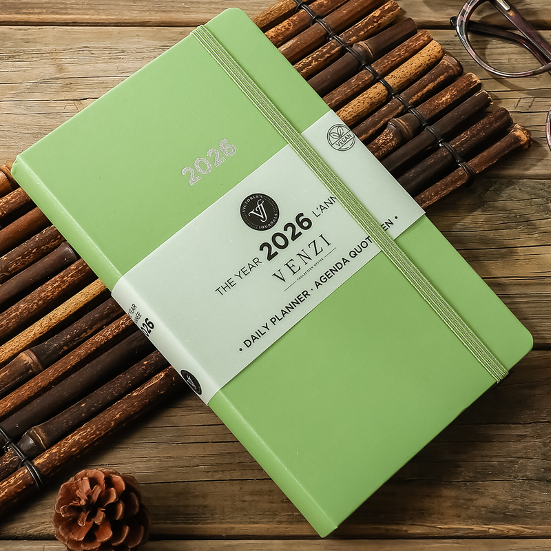 2026 Venzi Daily Planner – Green Vegan Leather with Elastic
