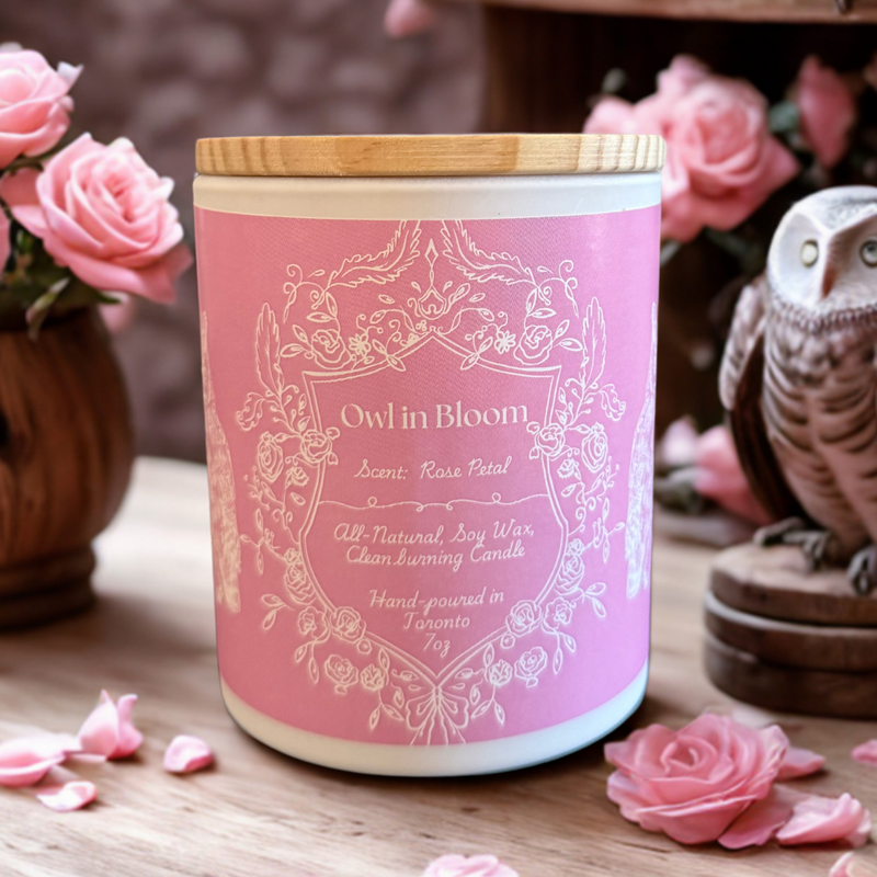 "Owl In Bloom" - Rose Petal 100% Soy Wax Candle - Made in Toronto