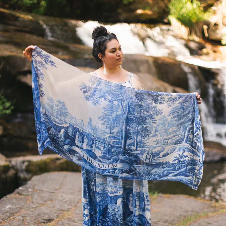 Let the Light in Bohemian Scarf w/ Blue Delft Toile Print Let the Light in Bohemian Scarf w/ Blue Delft Toile Print