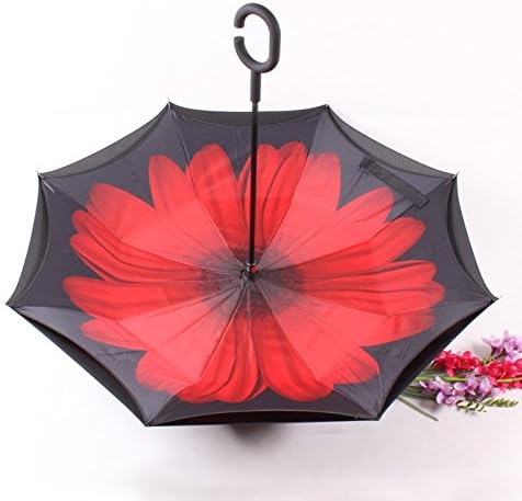 Red Flower Double Layer Inverted Umbrella Shaped Handle