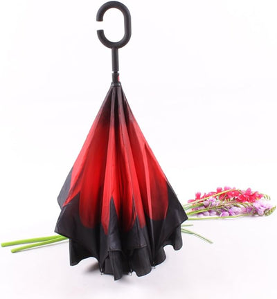 Red Flower Double Layer Inverted Umbrella Shaped Handle
