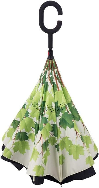 Leaf Print Double Layer Inverted Umbrella Shaped Handle