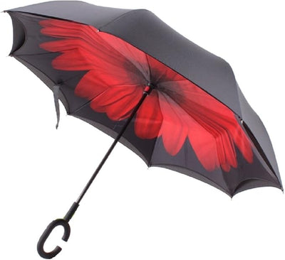 Red Flower Double Layer Inverted Umbrella Shaped Handle