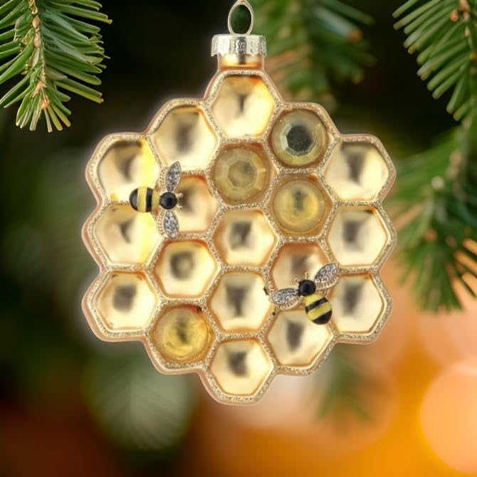 Glass honeycomb ornament, with bees