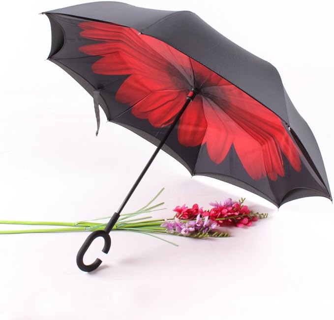 Red Flower Double Layer Inverted Umbrella Shaped Handle