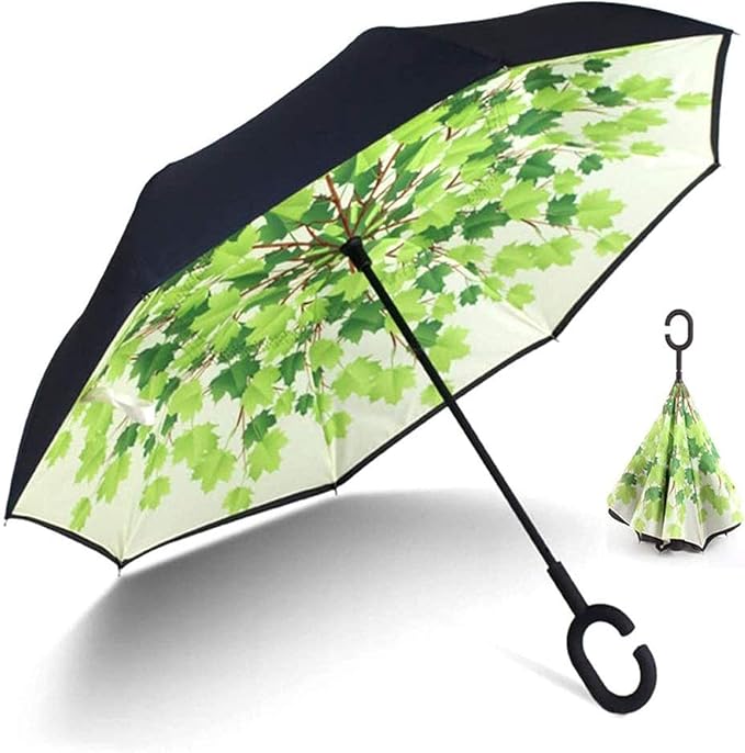 Leaf Print Double Layer Inverted Umbrella Shaped Handle