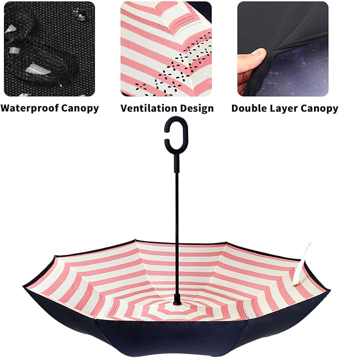 Striped Print Double Layer Inverted Umbrella Shaped Handle
