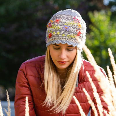 Lost Horizons Canada - Sadie Floral Embroidered Wool Beanie Hat
