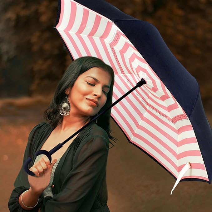 Striped Print Double Layer Inverted Umbrella Shaped Handle