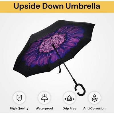 Purple Flower Double Layer Inverted Umbrella Shaped Handle