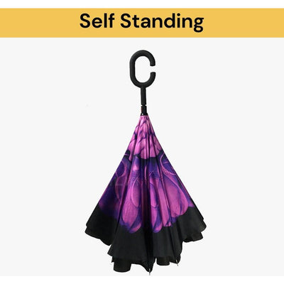 Purple Flower Double Layer Inverted Umbrella Shaped Handle