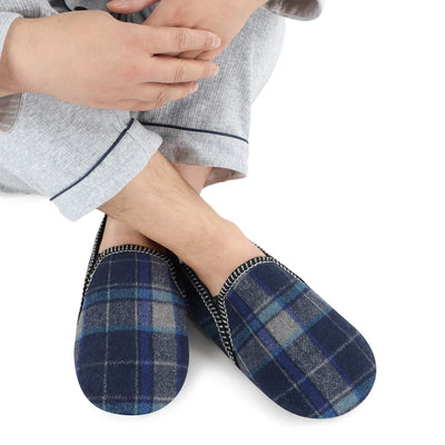 Mens Navy Modern Plaid Alpine Slipper With Memory Foam Insole