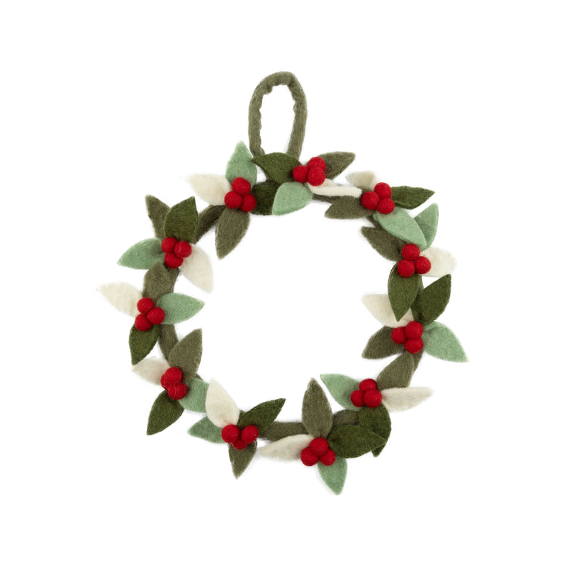 Felt wreath with green and white leaves, and red berries
