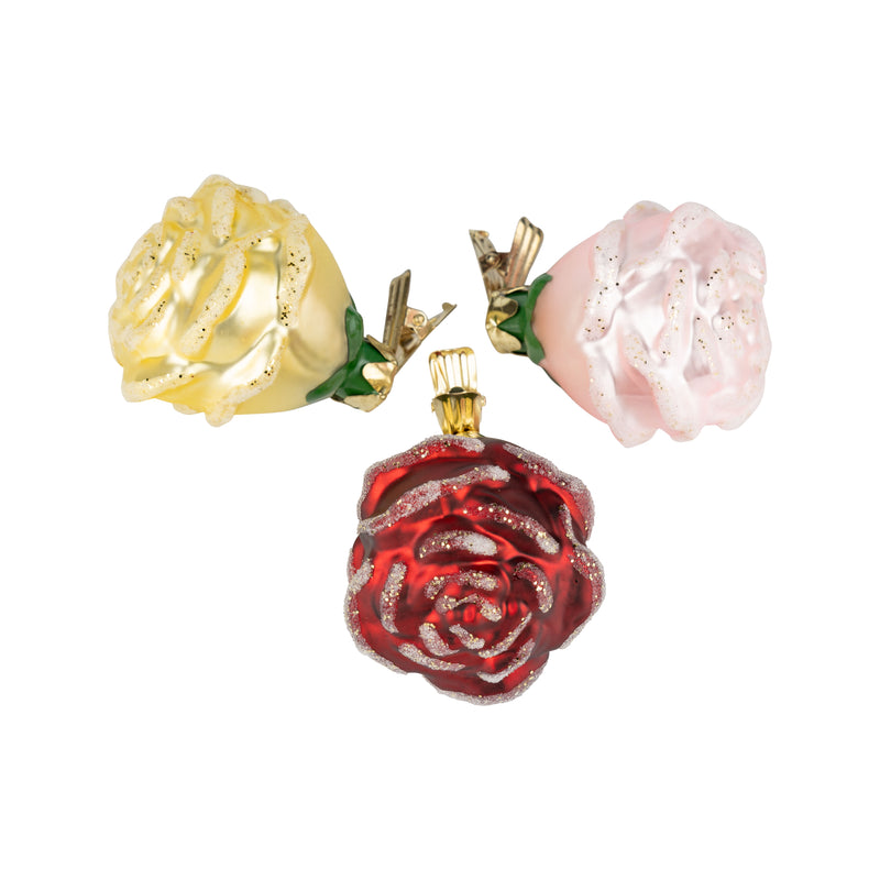 Glass Rose Clip on ornament with glitter