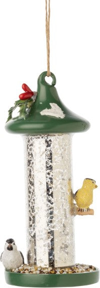 Glass bird feeder ornament, resin top and bottom
