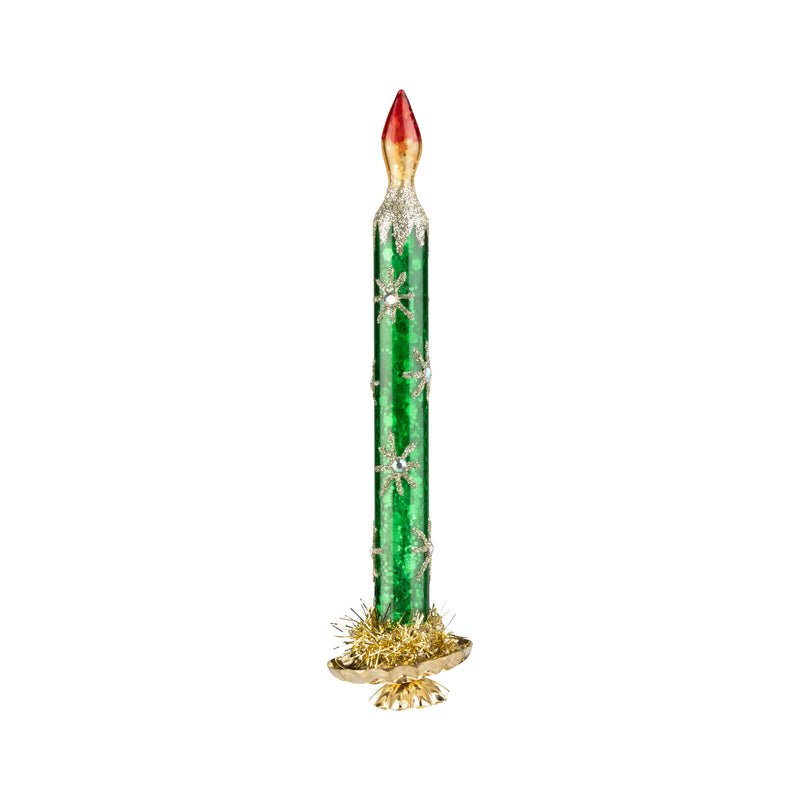 Glass clip on candle ornament, Green with gold stars