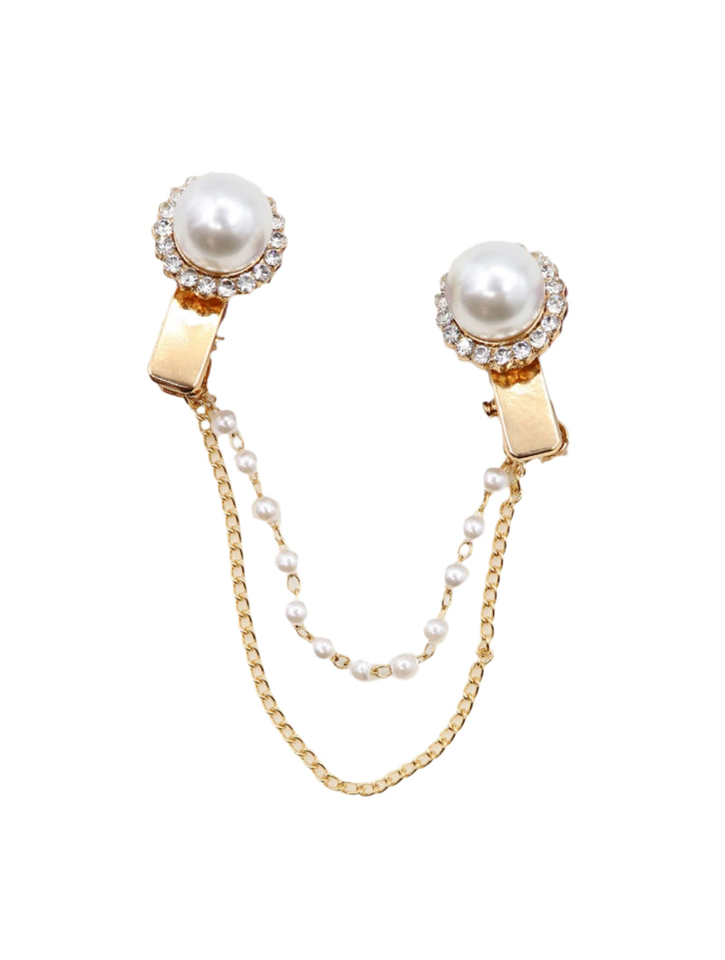 Clip on Rhinestone & Pearl Sweater Link Clip-Gold