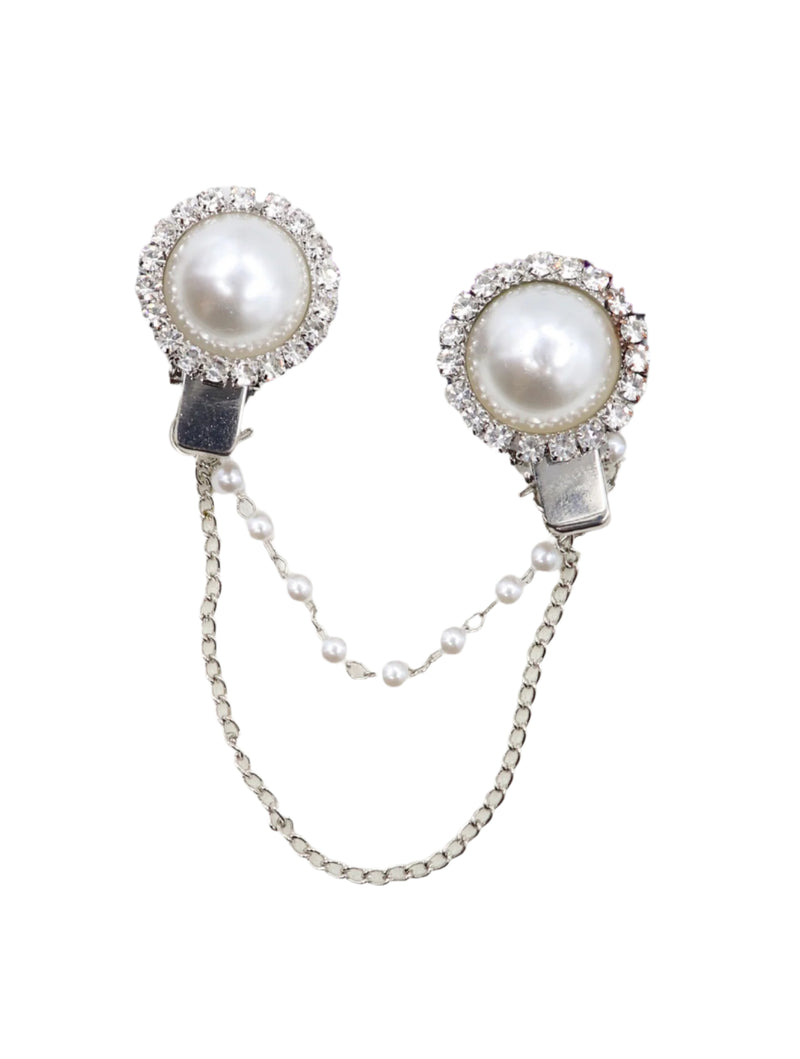 Clip on Rhinestone & Pearl Sweater Link Clip -Silver