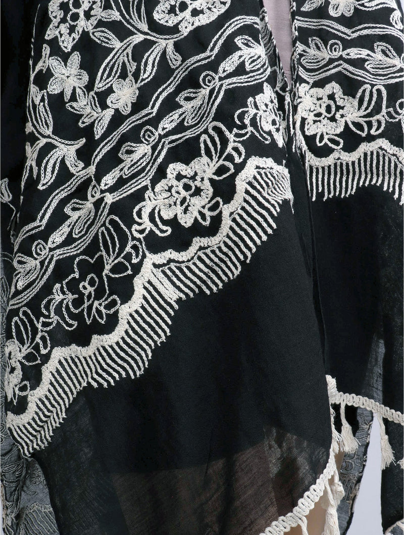 Flowy Black Kimono with white Embroidery and Tassels