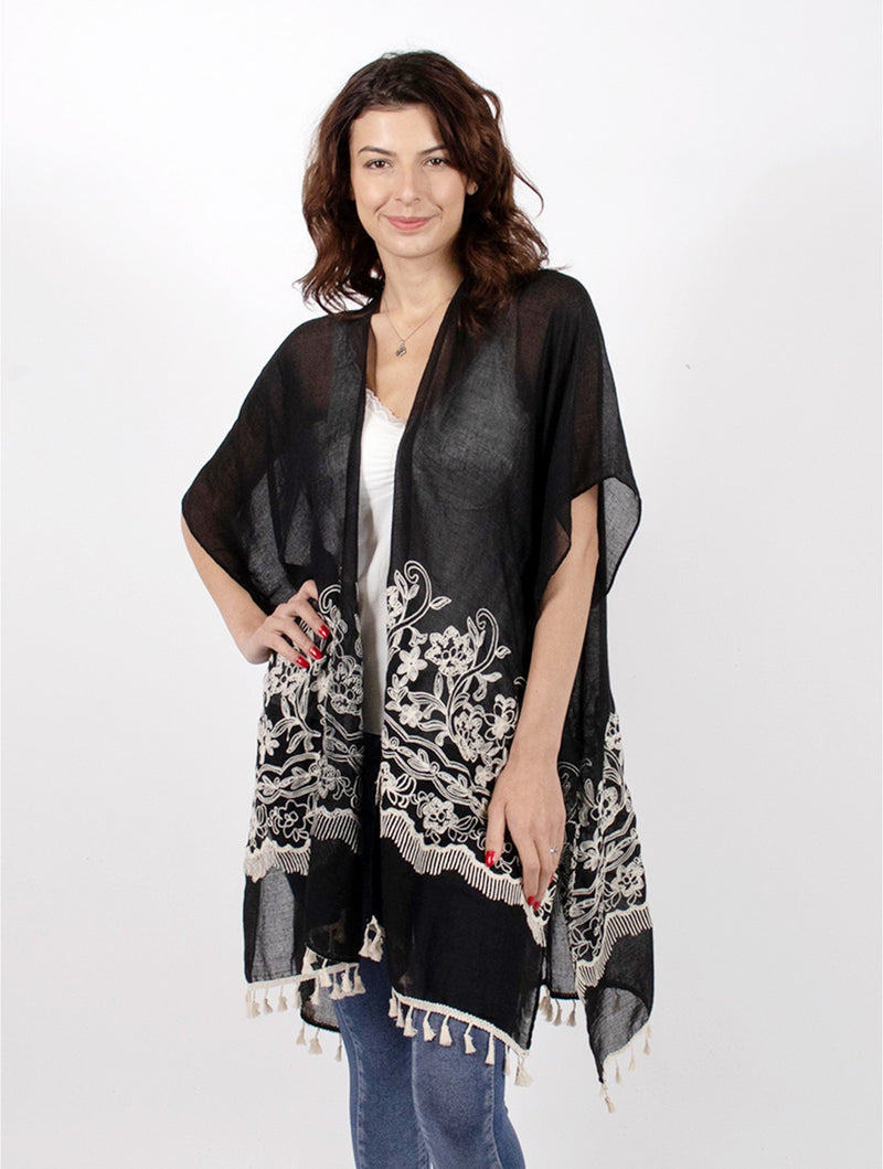 Flowy Black Kimono with white Embroidery and Tassels