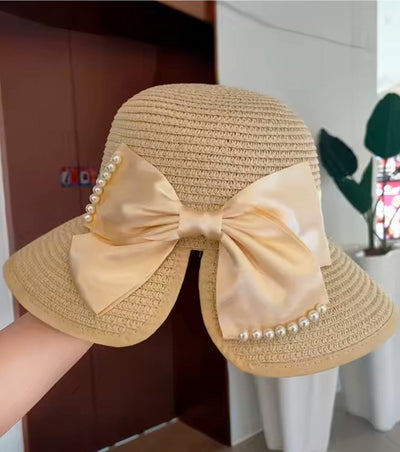 Wide Brim Summer Hat with Decorative Pearls and Bow