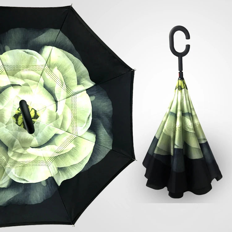 Green Flower Double Layer Inverted Umbrella Shaped Handle