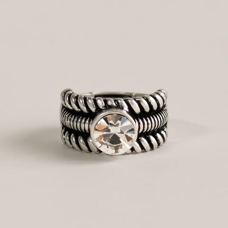 Oxidized Metal Ribbed Design with CZ Stretch Ring