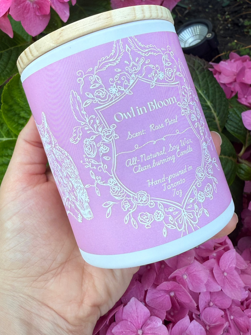 "Owl In Bloom" - Rose Petal 100% Soy Wax Candle - Made in Toronto