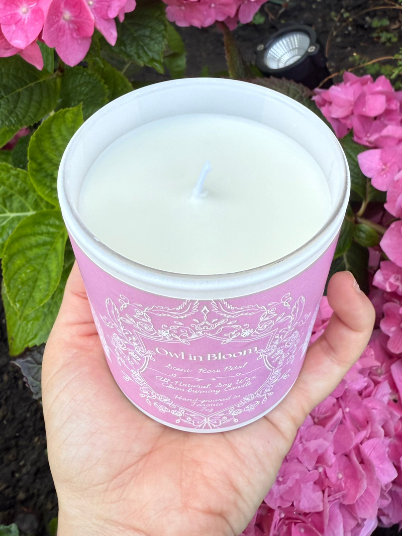 "Owl In Bloom" - Rose Petal 100% Soy Wax Candle - Made in Toronto