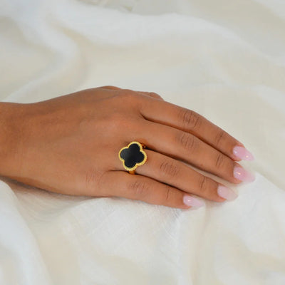 Black Onyx Clover Adjustable Ring
