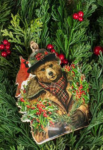 Bear in Coat & Hat with Cardinal Ornament