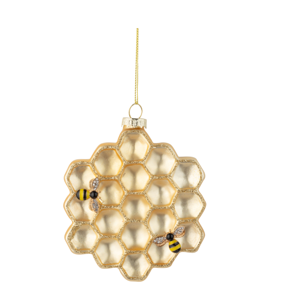 Glass honeycomb ornament, with bees