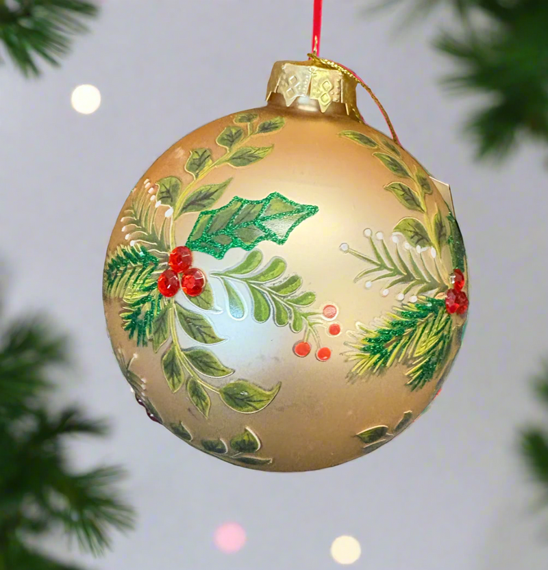 Traditional Gold Holly Ball Ornament