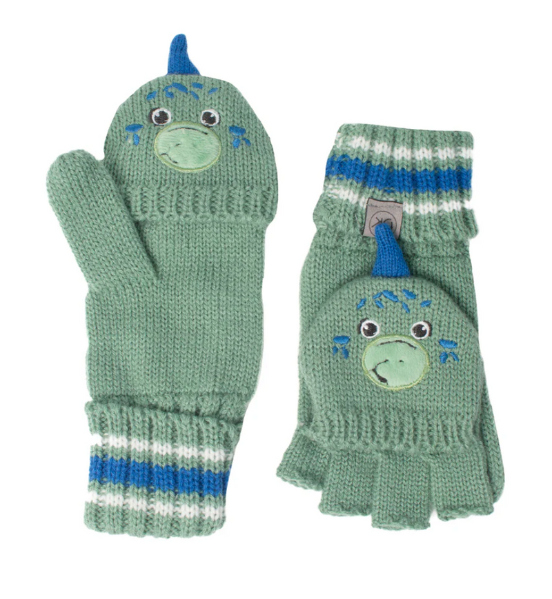 Green Dino - Knitted Fingerless Gloves With Flap - FlipJackKids