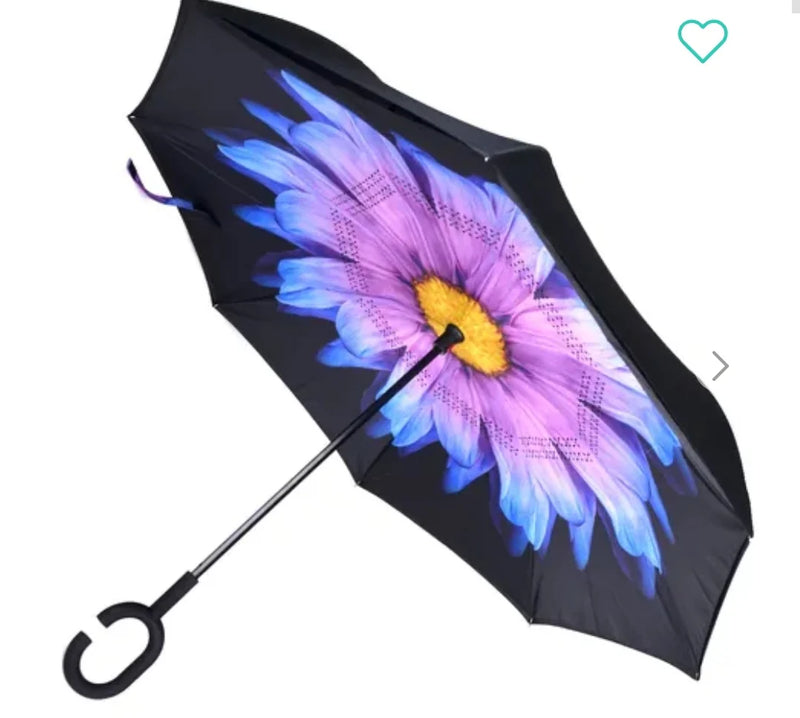Purple & Blue Flower Double Layer Inverted Umbrella Shaped Handle