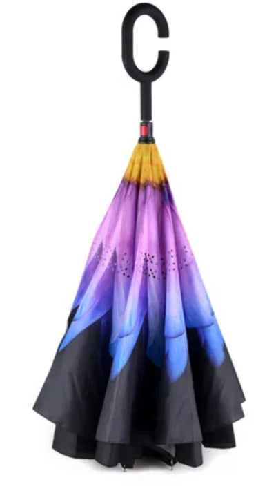 Purple & Blue Flower Double Layer Inverted Umbrella Shaped Handle