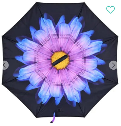 Purple & Blue Flower Double Layer Inverted Umbrella Shaped Handle
