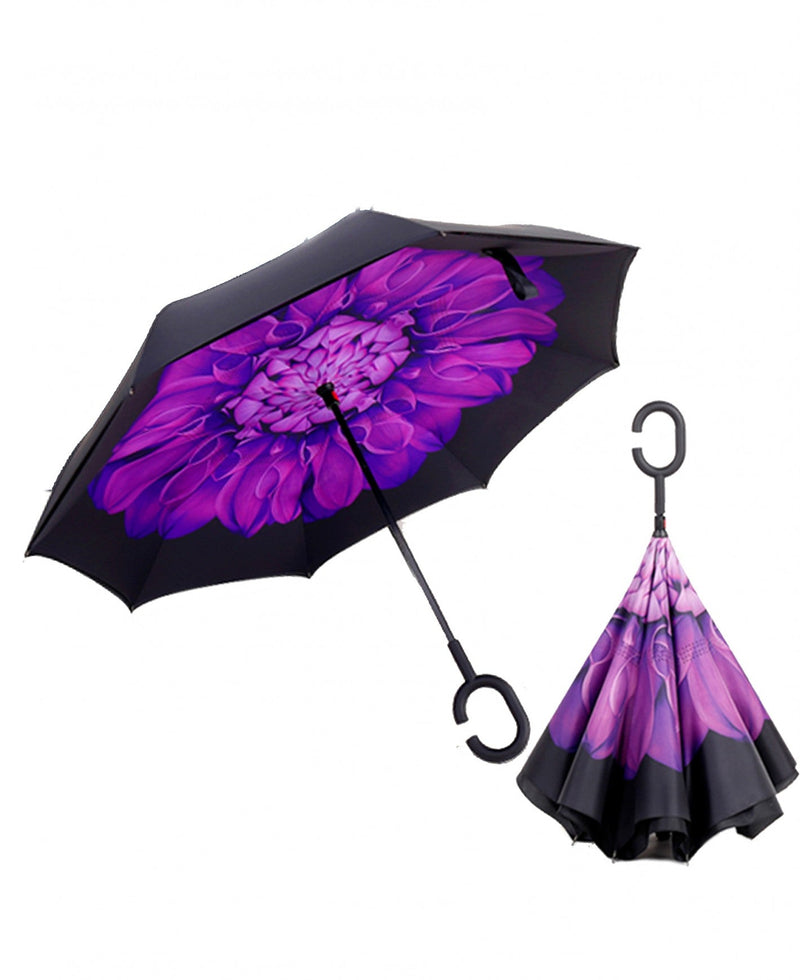 Purple Flower Double Layer Inverted Umbrella Shaped Handle