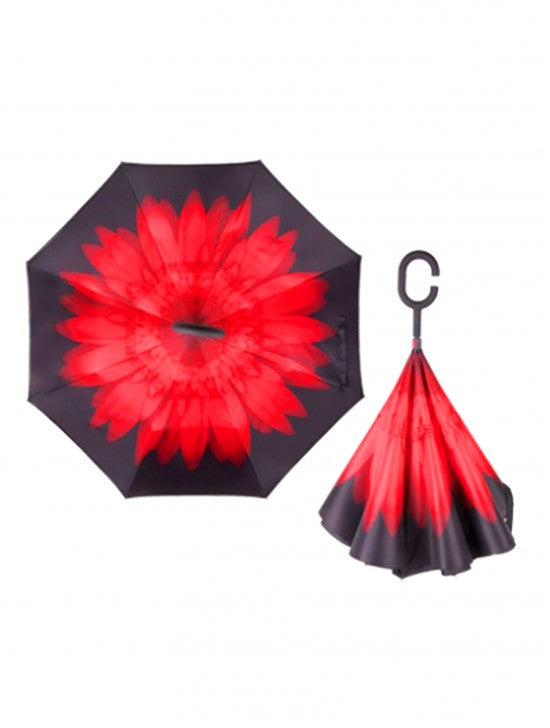Red Flower Double Layer Inverted Umbrella Shaped Handle