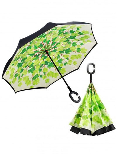Leaf Print Double Layer Inverted Umbrella Shaped Handle
