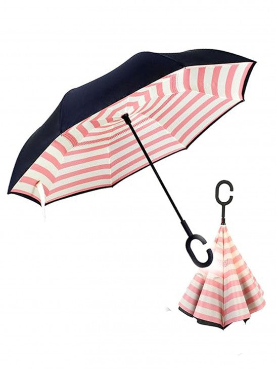 Striped Print Double Layer Inverted Umbrella Shaped Handle